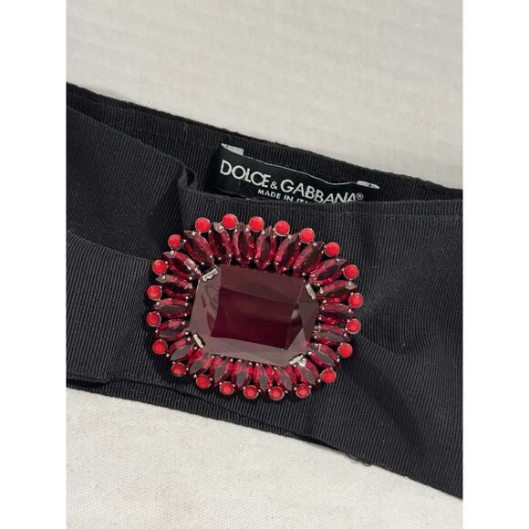 DOLCE & GABBANA Wide Belt Black Gross Grain Red Rhinestone Beaded Waist IT42 main image 4